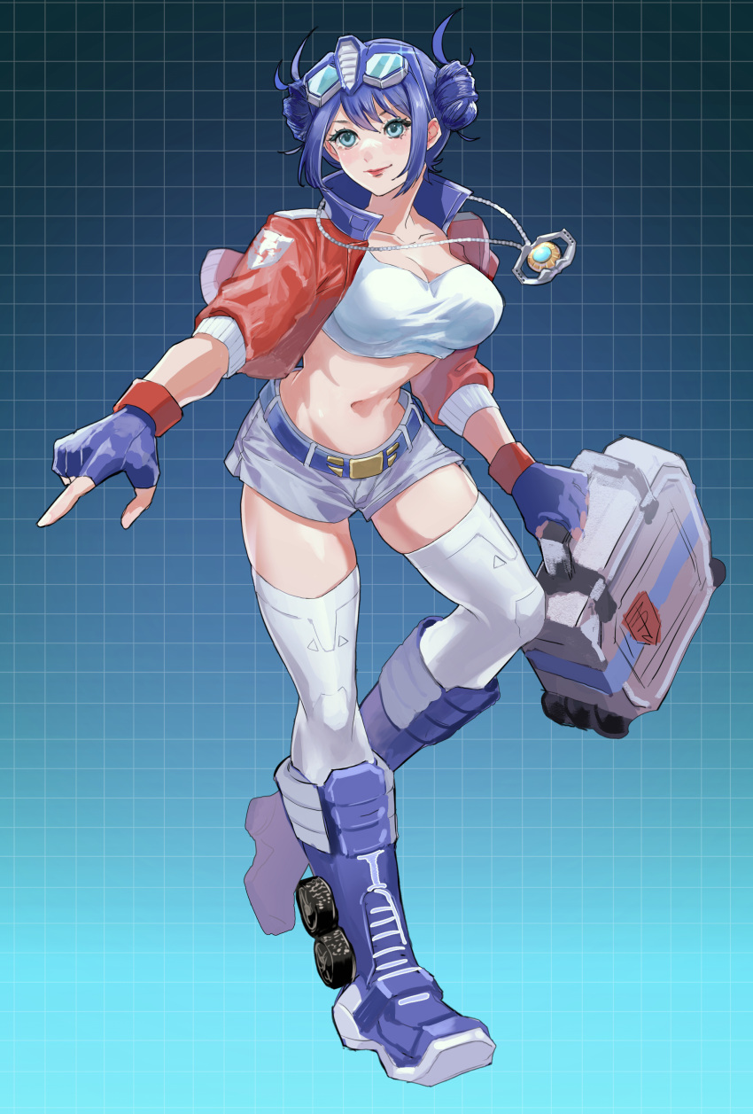 1girl absurdres belt blue_belt blue_eyes blue_footwear blue_hair boots breasts double_bun eyewear_on_head glasses grey_shorts grid_background hair_behind_ear hair_bun highres holding holding_suitcase jewelry kotobukiya_bishoujo markka_ph matrix_of_leadership medium_breasts necklace optimus_prime optimus_prime_(kotobukiya_bishoujo) pointing red_lips shorts smile solo suitcase thighhighs transformers wheel white_thighhighs