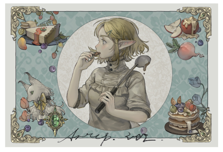 1girl a_qing_o animal apple apple_slice apron berry biting blonde_hair blue_eyes blue_nails border bow bowtie braid brooch cake cake_slice cat cheesecake cream eating flower food french_braid fruit gem green_gemstone hair_behind_ear hair_ornament hairclip hand_up holding holding_food holding_ladle jewelry ladle looking_to_the_side pancake pointy_ears princess_zelda profile red_flower round_image shirt short_hair short_sleeves sidelocks signature the_legend_of_zelda turnip upper_body white_shirt yellow_bow yellow_bowtie