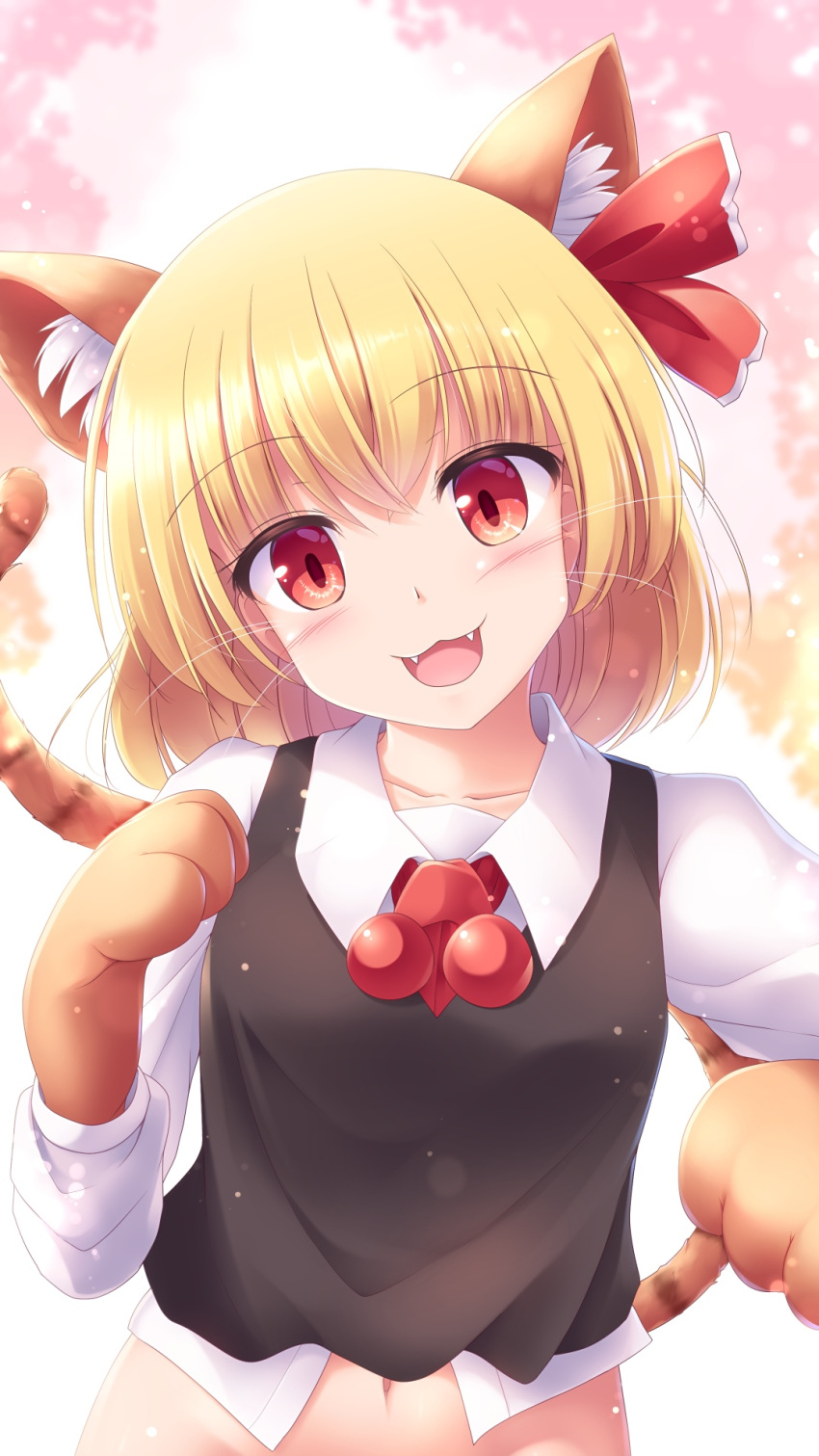 1girl :3 animal_ears animal_hands black_vest blonde_hair blush breasts cat_ears cat_tail collared_shirt commentary_request fangs hair_ribbon highres kemonomimi_mode long_sleeves looking_at_viewer lzh medium_bangs navel no_panties open_mouth paid_reward_available red_eyes red_ribbon ribbon rumia shirt short_hair small_breasts smile solo tail touhou upper_body vest whiskers white_shirt