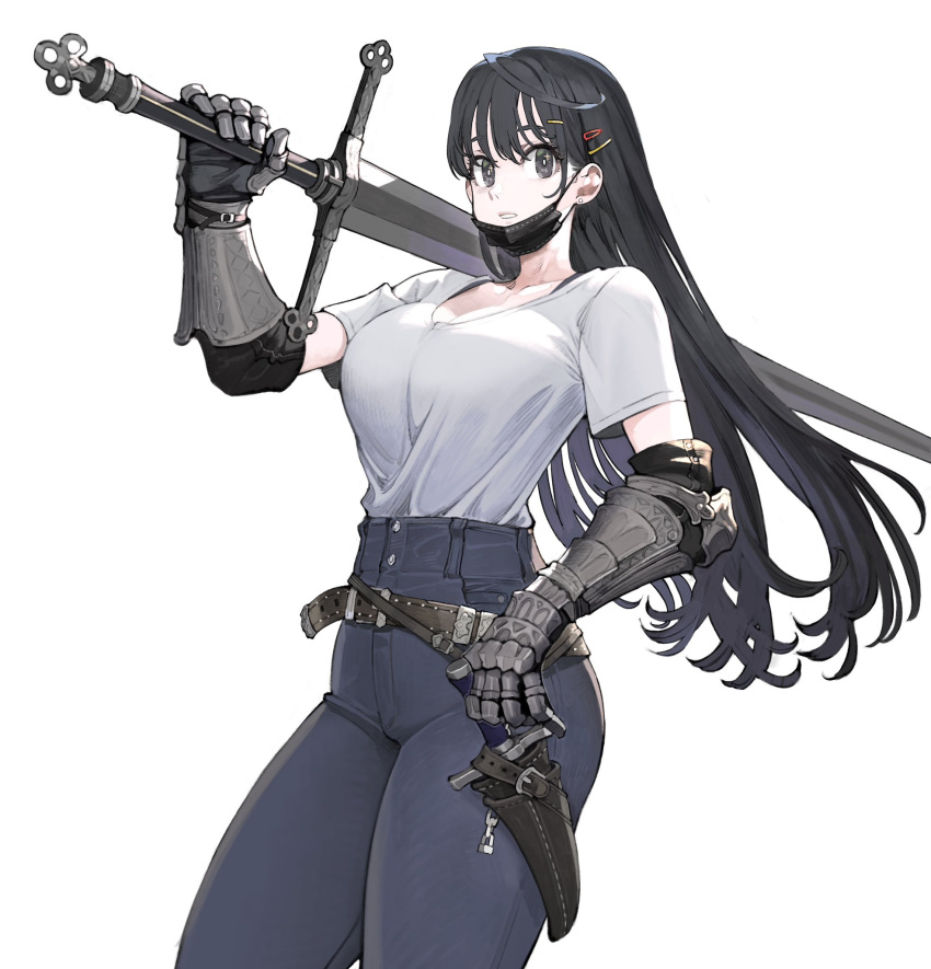 1girl anachronism belt black_eyes black_gloves black_hair black_mask breasts brown_belt cleavage commentary cowboy_shot dagger ear_piercing elbow_gloves gauntlets gloves greatsword grey_pants hair_ornament hairclip high-waist_pants highres holding holding_sword holding_weapon jun_(seojh1029) knife large_breasts light_smile long_hair looking_at_viewer mask mask_pull mouth_mask original over_shoulder pants parted_lips piercing scabbard sheath shirt shirt_tucked_in short_sleeves simple_background solo standing surgical_mask sword sword_over_shoulder t-shirt tight_clothes tight_pants weapon weapon_over_shoulder white_background white_shirt