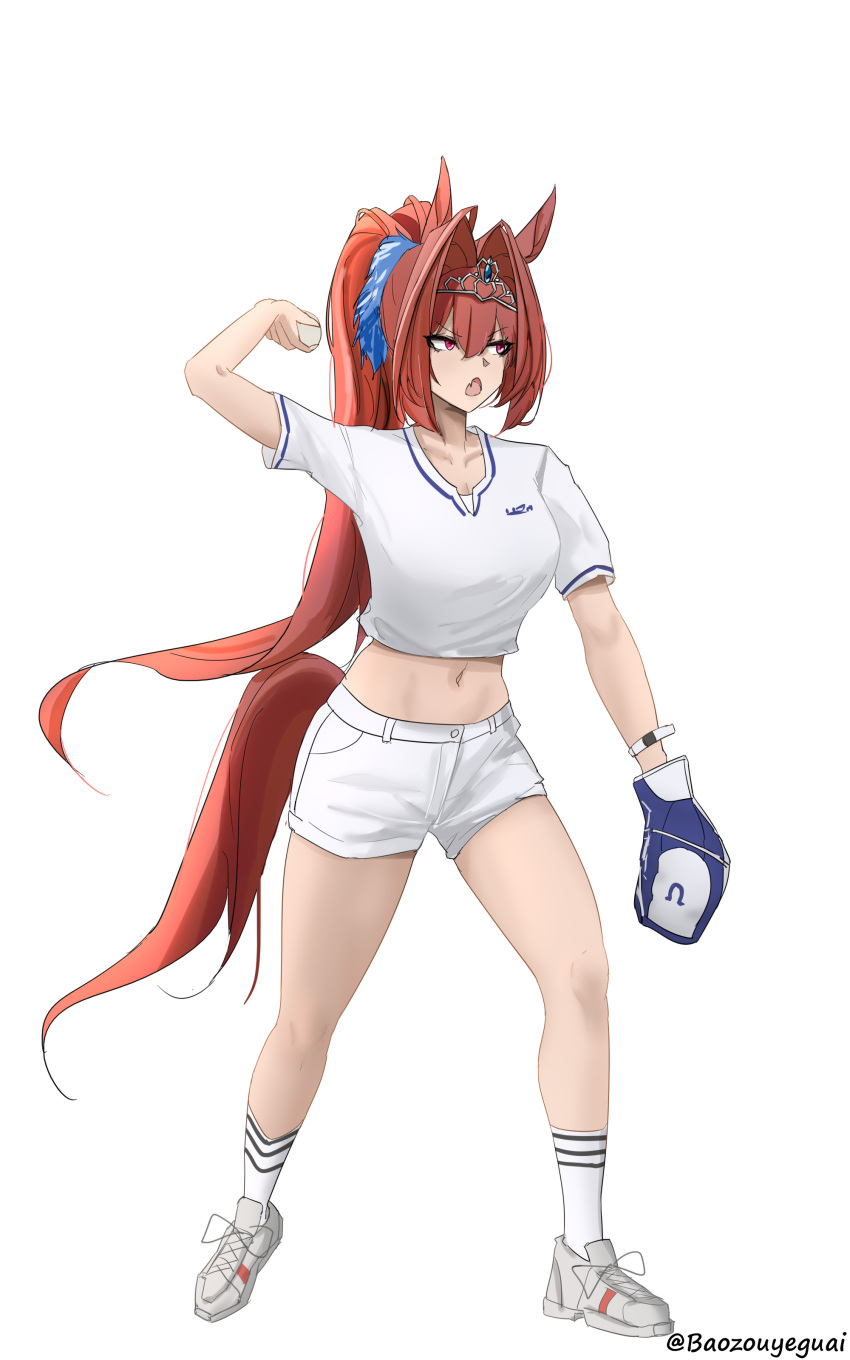 1girl absurdres alternate_costume alternate_hairstyle animal_ears ball baozouyeguai baseball baseball_mitt breasts commentary_request daiwa_scarlet_(umamusume) fang full_body hair_between_eyes hair_intakes highres holding holding_ball horse_ears horse_girl horse_tail long_hair medium_breasts midriff navel open_mouth ponytail red_eyes red_hair shirt shorts simple_background smartwatch socks solo tail tiara umamusume v-shaped_eyebrows very_long_hair watch white_background white_footwear white_shirt white_shorts white_socks wristwatch
