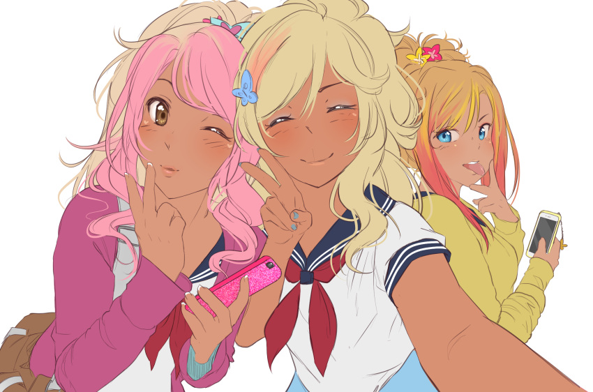 3girls aqua_nails blonde_hair blue_eyes blue_sailor_collar blush brown_eyes butterfly_hair_ornament cardigan cellphone_charm charm_(object) colored_tips cunnilingus_gesture dark-skinned_female dark_skin dyed_bangs fingernails flower french_tips ganguro gyaru hair_between_eyes hair_flower hair_ornament hair_ribbon hana_daidaiyama highres holding holding_phone kogal kokoro_momoiro light_blush multicolored_hair multiple_girls musume_ronshaku nail_polish open_cardigan open_clothes phone pink_cardigan ponytail ribbon sailor_collar school_uniform serafuku sketch tan tiribrush tongue tongue_out v yandere_simulator yellow_cardigan