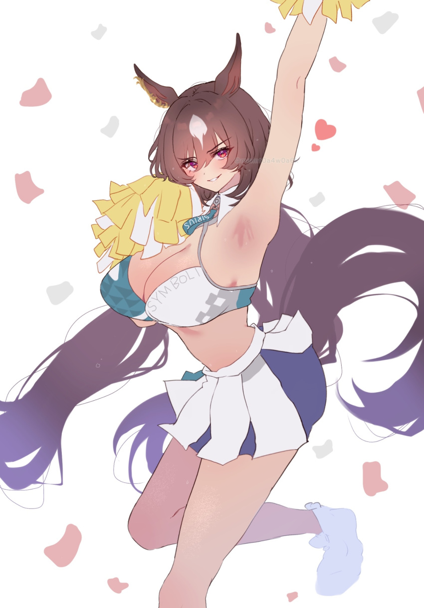 1girl animal_ears arm_up armpits blue_archive breasts brown_hair character_name cleavage commentary_request confetti cosplay detached_collar ear_ornament foot_out_of_frame hair_between_eyes hibiki_(blue_archive) hibiki_(blue_archive)_(cosplay) hibiki_(cheer_squad)_(blue_archive) highres holding holding_pom_poms horse_ears horse_girl horse_tail large_breasts long_hair looking_at_viewer midriff mmmt0a4w0a6k multicolored_hair pleated_skirt pom_pom_(cheerleading) red_eyes sirius_symboli_(umamusume) skirt smile solo streaked_hair tail umamusume very_long_hair white_hair