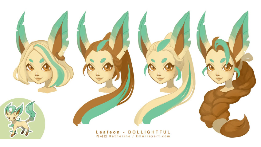 ambiguous_gender anthro blonde_hair braided_hair brown_eyes brown_hair brown_nose colored dollightful_(copyright) eeveelution eyebrows generation_4_pokemon hair hi_res highlights_(coloring) katherine_murray leaf_ears leafeon leafeon_(dollightful) long_hair nintendo pokemon pokemon_(species) ponytail shaded short_hair smile solo tan_body