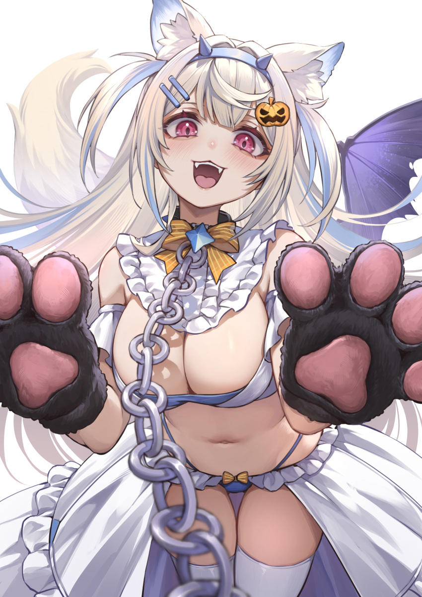 1girl ;p absurdres animal_ear_fluff animal_ears animal_hands blonde_hair blue_hair breasts cleavage curry_bowl dog_ears dog_girl dog_paws dog_tail fuwawa_abyssgard hair_ornament hairpin highres hololive hololive_english large_breasts long_hair looking_at_viewer multicolored_fur multicolored_hair navel one_eye_closed pink_eyes solo streaked_hair tail teeth thighhighs tongue tongue_out upper_teeth_only virtual_youtuber white_background white_fur white_thighhighs