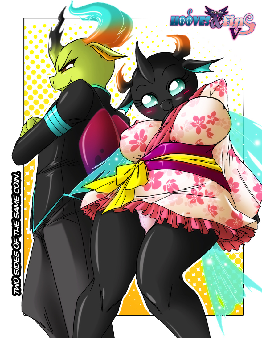 anthro anthrofied arthropod big_breasts blush boastudio breasts changeling clothed clothing duo female friendship_is_magic hasbro hi_res male my_little_pony panties thorax_(mlp) underwear