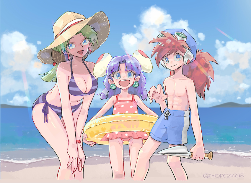 1boy 2girls blue_eyes breasts cleavage closed_mouth cloud earrings goggles goggles_on_headwear grandia grandia_i green_hair hat highres innertube jewelry justin_(grandia) lily_(grandia) long_hair looking_at_viewer mother_and_son multiple_girls navel nyx666 ocean open_mouth purple_hair puui_(grandia) red_hair sand smile sue_(grandia) swimsuit