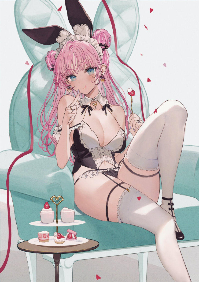 1girl ;q animal_ears arm_garter bare_shoulders black_footwear black_garter_straps black_panties blue_eyes blush bow bow_panties breasts bunny_day bustier center_frills choppy_bangs cleavage coffee_table detached_collar double_bun earrings fake_animal_ears frilled_bustier frilled_panties frilled_thighhighs frills garter_straps hair_bun heart heart_earrings heart_necklace highres jewelry large_breasts long_hair looking_at_viewer maid maid_headdress miyako_(xxxbibit) nail_art necklace no_pants on_chair one_eye_closed original panties pink_hair playboy_bunny plunging_neckline purple_nails rabbit_ears ring sitting solo strappy_heels table thighhighs thong tiered_tray tongue tongue_out unconventional_maid underwear white_thighhighs wing_collar