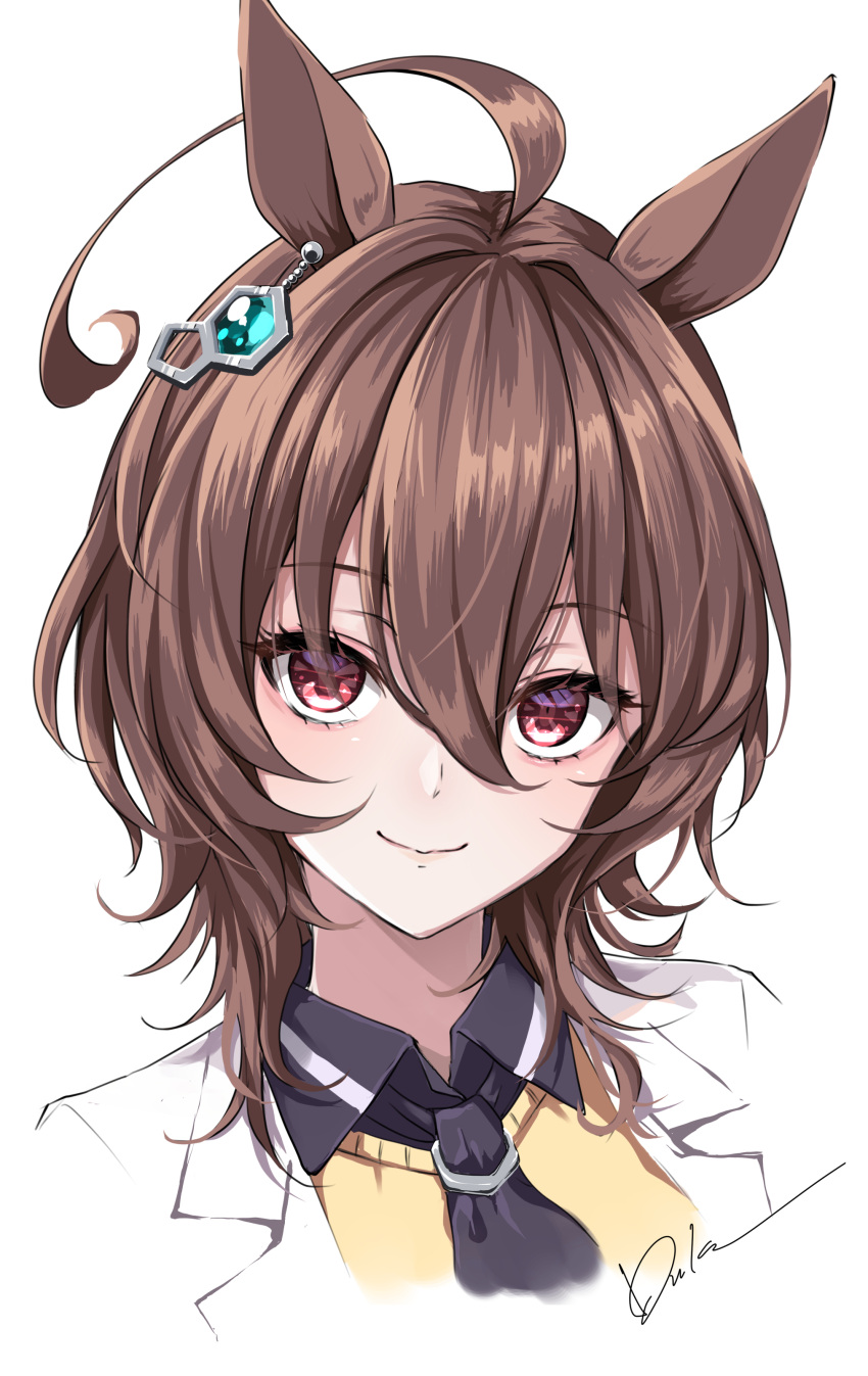 1girl absurdres agnes_tachyon_(umamusume) ahoge animal_ears black_necktie brown_hair closed_mouth collared_shirt commentary_request earrings hair_between_eyes highres horse_ears horse_girl jewelry lab_coat looking_at_viewer messy_hair necktie portrait red_eyes shirt short_hair signature simple_background single_earring smile solo sweater_vest umamusume usagi_koushaku white_background yellow_sweater_vest