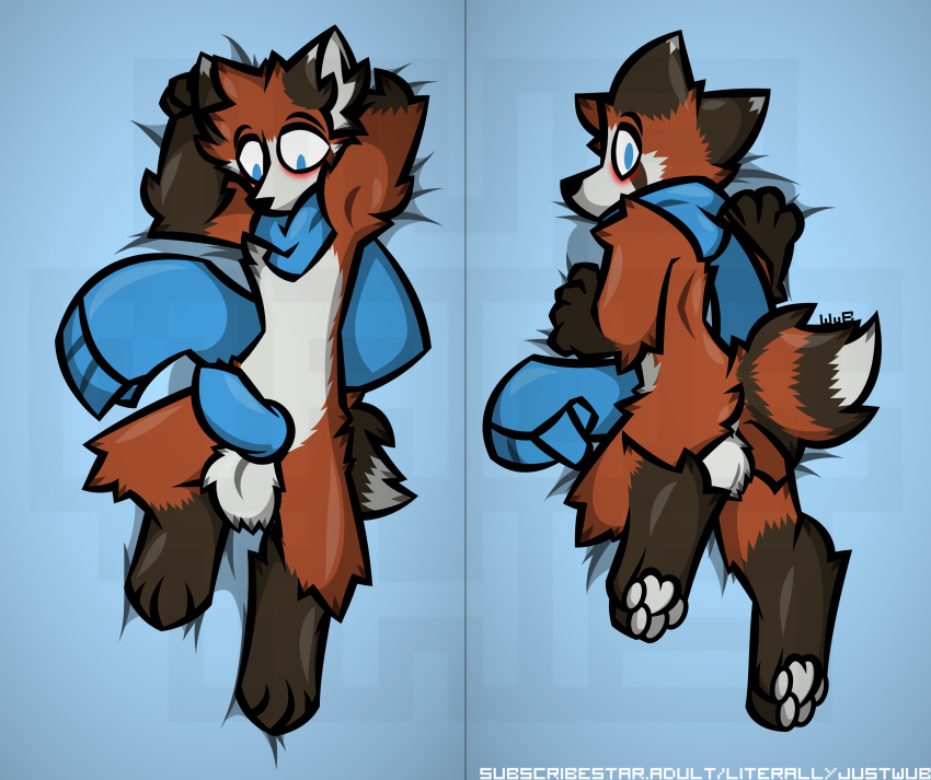 absurd_res ailurid anthro backsack balls blue_eyes body_pillow brown_body brown_fur canid canine dakimakura_design fluffy fluffy_tail fox fur genitals hand_behind_head hi_res hybrid knot looking_at_viewer looking_back looking_back_at_viewer lying male mammal mostly_nude on_back on_front pawpads pillow red_body red_fur red_panda scarf solo tail white_body white_fur wub_(artist)