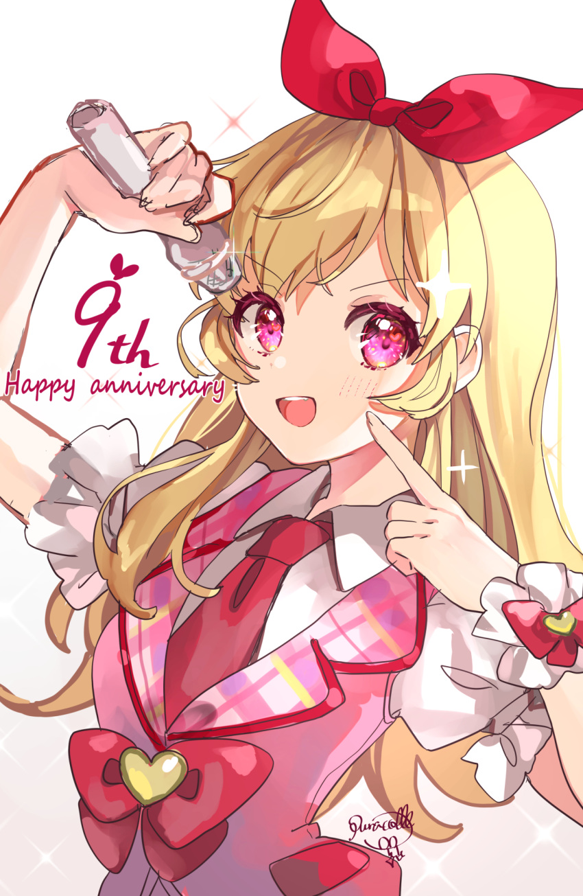 1girl :d aikatsu! aikatsu!_(series) anniversary blonde_hair bow collared_shirt commentary_request finger_to_face hair_bow highres holding holding_microphone hoshimiya_ichigo long_hair looking_at_viewer microphone necktie open_mouth pink_vest puffy_short_sleeves puffy_sleeves puracotte red_bow red_eyes red_necktie shirt short_sleeves signature smile solo sparkle teeth upper_body upper_teeth_only v-shaped_eyebrows vest white_background white_shirt wrist_cuffs