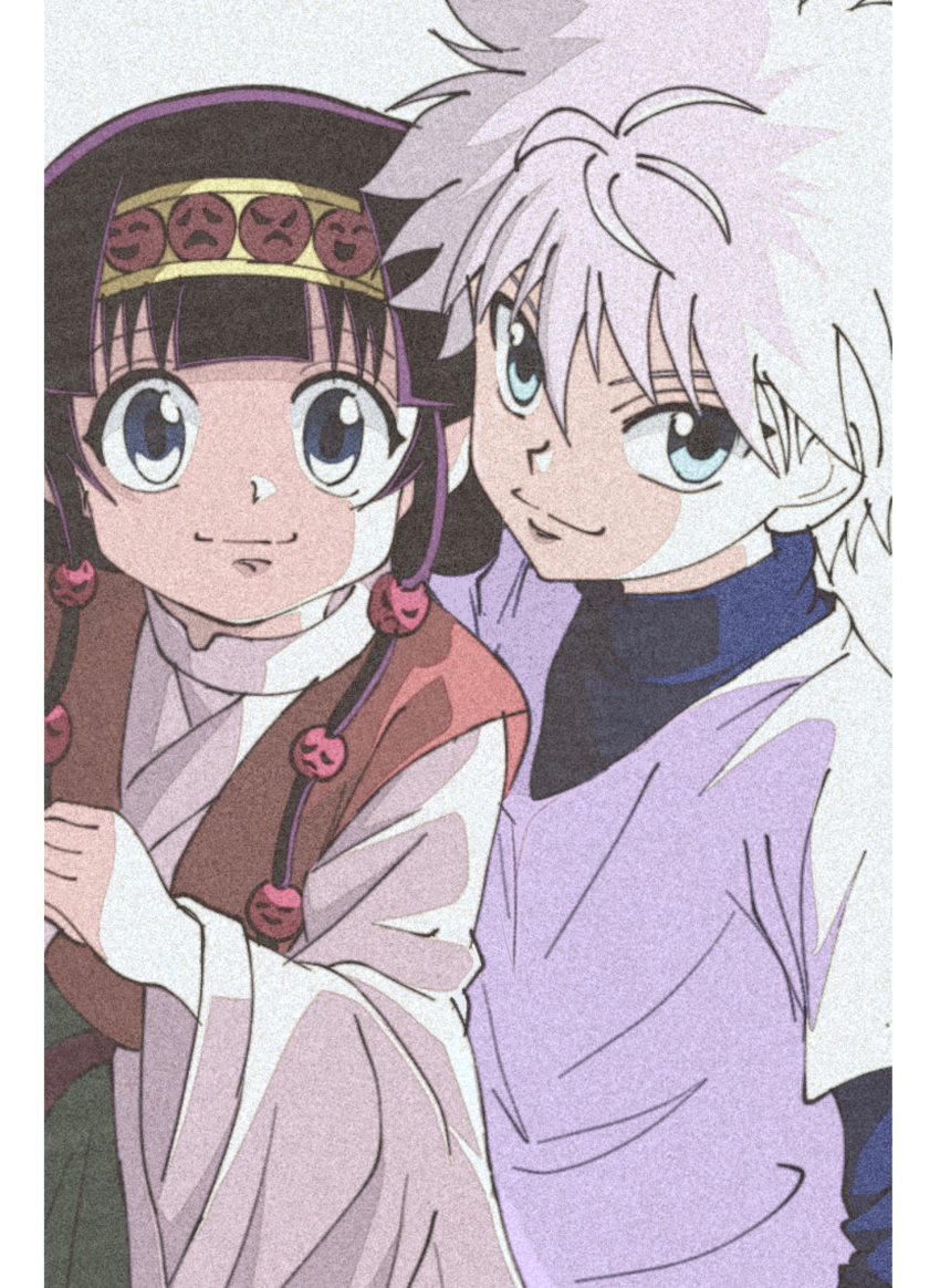 2boys :3 absurdres alluka_zoldyck androgynous black_hair blue_eyes blue_shirt enoki_(gongindon) highres hunter_x_hunter killua_zoldyck long_hair long_sleeves looking_at_viewer messy_hair multiple_boys muted_color official_style otoko_no_ko revision shirt siblings simple_background smile spiked_hair t-shirt upper_body white_hair