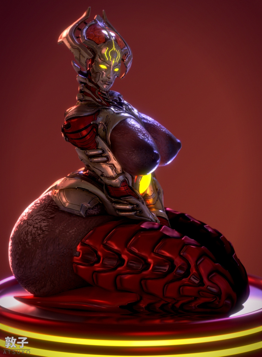 3d_(artwork) atsukosfm_(artist) big_breasts big_butt black_nipples breasts butt cybernetics demon digital_media_(artwork) exposed_brain female hi_res huge_butt humanoid khan_maykr looking_at_viewer machine markings mask neutral_expression nipples pinup pose red_body simple_background sitting solo thick_thighs wide_hips yellow_eyes yellow_sclera