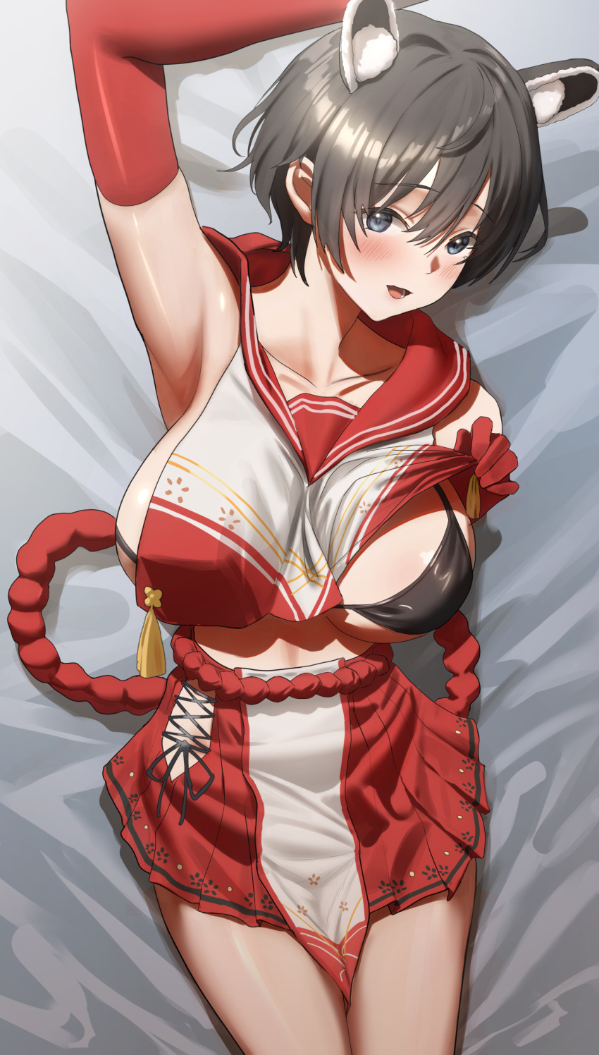 1girl absurdres animal_ear_fluff animal_ears arm_up armpits bare_shoulders bed_sheet bikini bikini_top_only black_bikini black_eyes black_hair blue_archive blush breasts collarbone crop_top dakimakura_(medium) elbow_gloves gileu gloves hair_between_eyes highres large_breasts looking_at_viewer lying midriff miniskirt on_back open_mouth pelvic_curtain pleated_skirt red_gloves red_sailor_collar red_skirt sailor_collar short_hair side-tie_skirt sideboob sideless_outfit skirt solo swimsuit tassel tsubaki_(blue_archive)