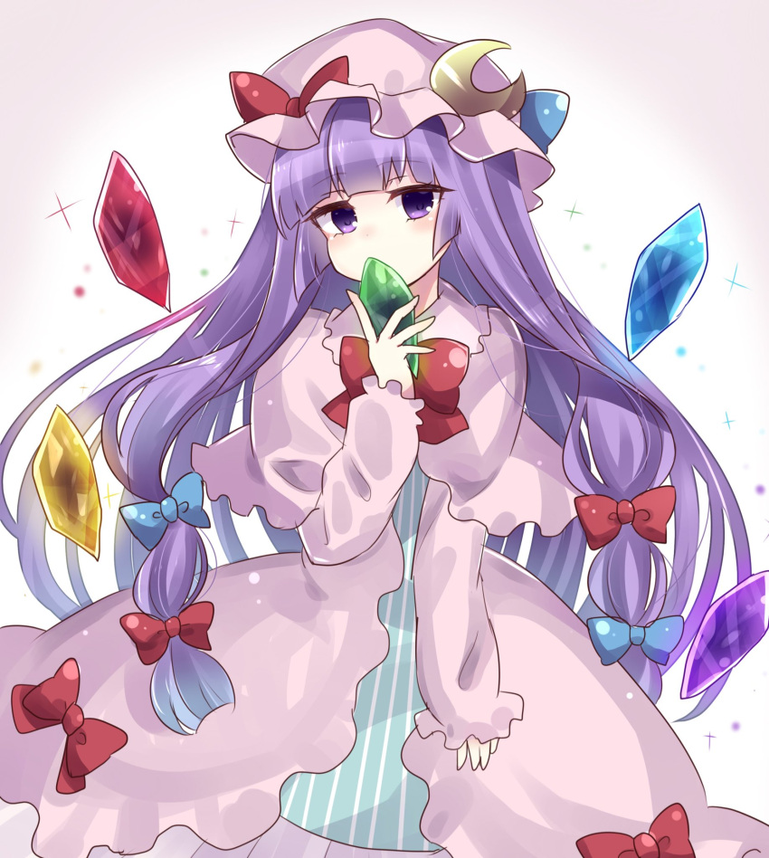 1girl blue_bow blue_dress blunt_bangs bow bowtie capelet covering_mouth crescent crescent_hat_ornament crystal dress hair_bow hat hat_bow hat_ornament highres light_blush long_hair long_sleeves looking_at_viewer mob_cap patchouli_knowledge philosopher's_stone purple_eyes purple_hair red_bow red_bowtie robe simple_background solo sparkle striped striped_dress subaru_(subachoco) touhou very_long_hair white_background