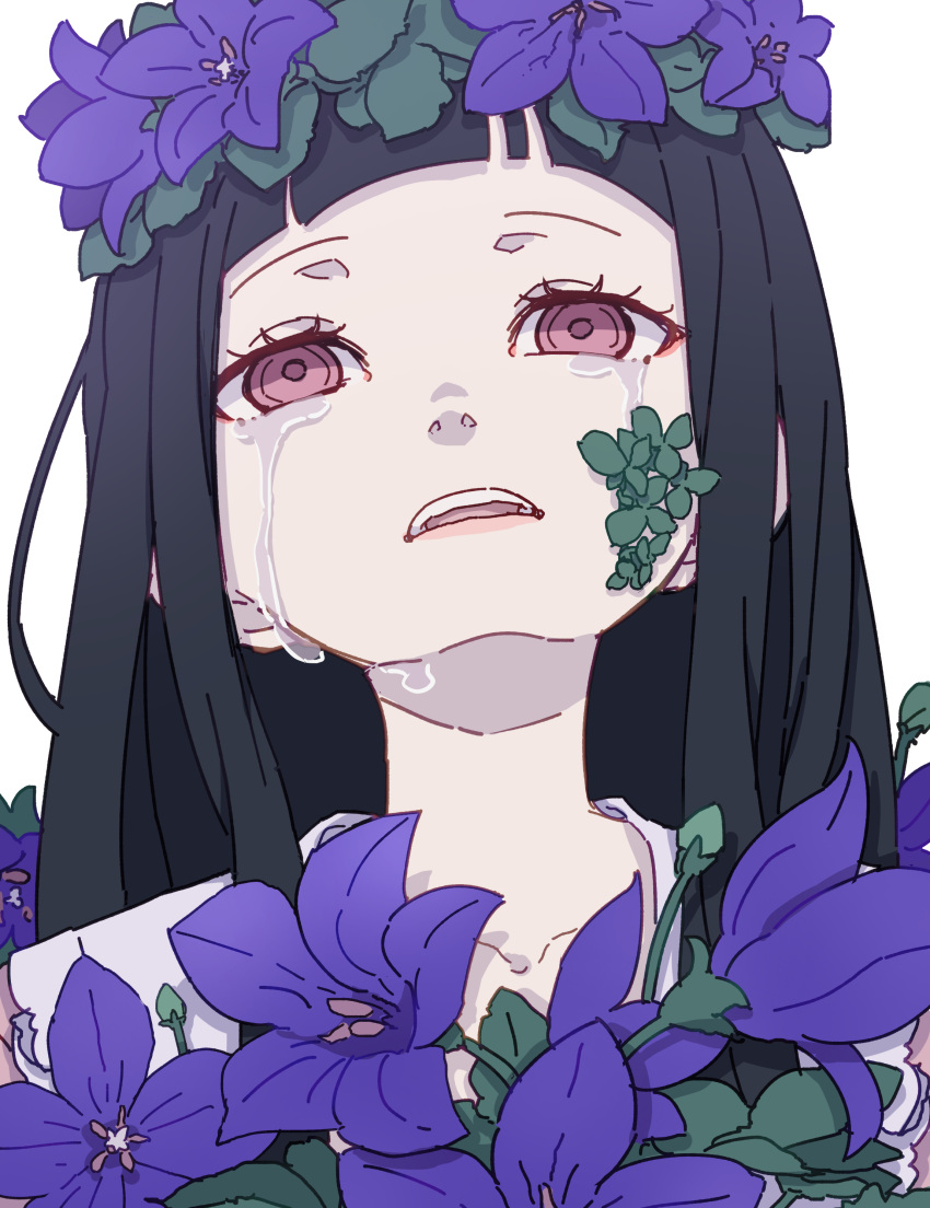1girl absurdres bad_anatomy bad_neck black_hair blunt_bangs collarbone crying crying_with_eyes_open flower hair_flower hair_ornament highres houraisan_kaguya kame_(kamepan44231) long_hair open_mouth pink_shirt portrait purple_flower red_eyes shirt sidelocks simple_background solo tears touhou white_background