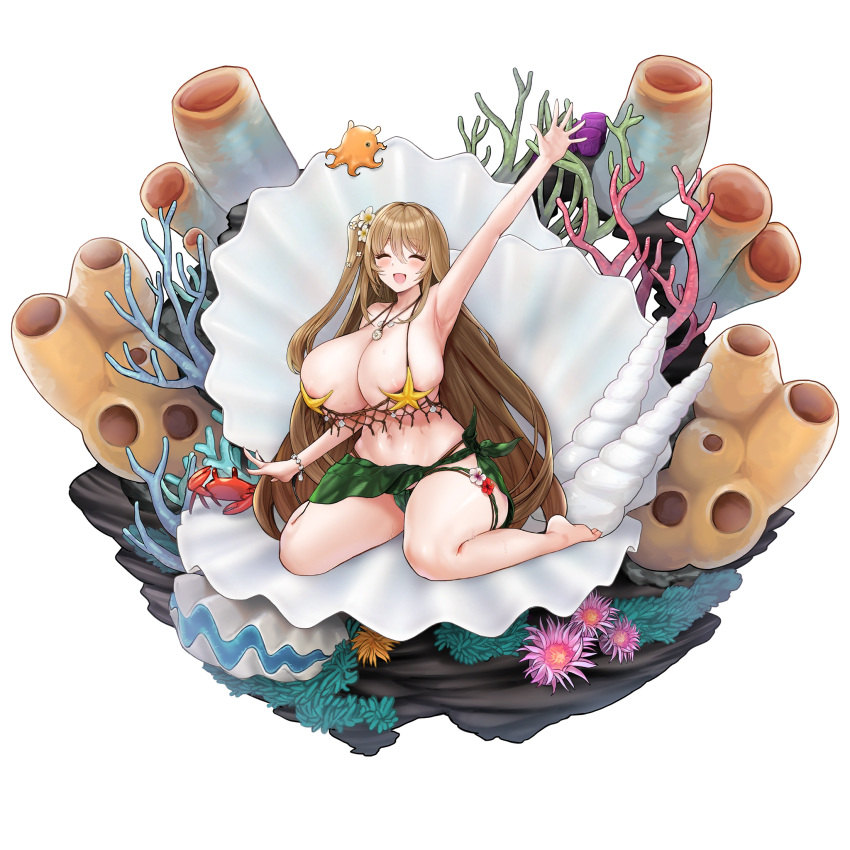 05565 1girl areola_slip arm_up armpits barefoot bikini blonde_hair breasts cleavage closed_eyes collarbone coral crab flower flower_thigh_strap fundoshi hair_between_eyes hair_flower hair_ornament highres huge_breasts japanese_clothes jewelry kelp last_origin leaf_bikini long_hair looking_at_viewer navel necklace net official_alternate_costume official_art one_side_up open_mouth pink_flower red_flower salacia_(last_origin) sarong sea_anemone seashell seashell_bracelet seaweed shell shell_necklace simple_background sitting skindentation smile solo starfish_bikini string_bikini sweat swimsuit tachi-e thigh_strap third-party_source transparent_background umbrella_octopus wariza waving white_flower yellow_flower
