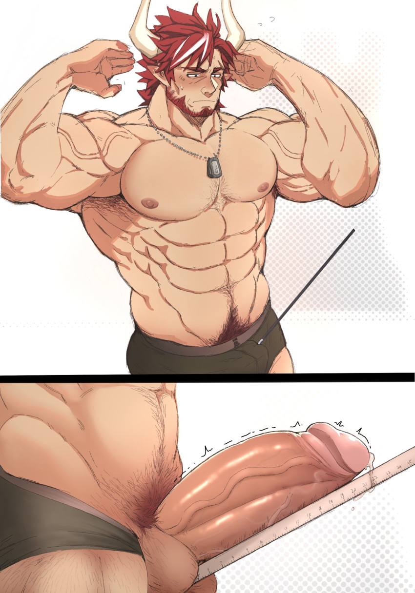 1boy animal_ears arknights armpit_hair armpit_peek bara beard between_testicles biceps black_male_underwear blush boxer_briefs bulge character_request chest_hair close-up clothing_aside cow_boy cow_ears cow_horns crotch dog_tags embarrassed erection facial_hair hands_up highres horns huwenlang large_pectorals male_focus male_pubic_hair male_underwear male_underwear_aside mature_male multicolored_hair muscular muscular_male navel navel_hair old old_man outstretched_arms pectorals penis penis_measuring precum precum_drip pubic_hair red_hair scar scar_on_face scar_on_forehead sequential short_hair streaked_hair tape_measure thick_eyebrows thick_penis twitching_penis underwear veins veiny_arms veiny_penis