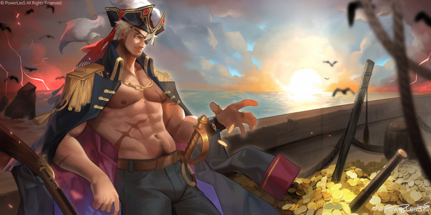 1boy abs absurdres bara bara_pirate bare_pectorals barrel blonde_hair chain_necklace coat coat_on_shoulders coin commission eyepatch feet_out_of_frame floating floating_object gold_coin hat highres holding holding_coin incredibly_absurdres jewelry large_pectorals looking_ahead machete male_focus mature_male muscular muscular_male navel navel_hair necklace nipples ocean original pants pectorals pirate pirate_hat powerlesssong red_electricity red_eyes sailing_ship scar scar_on_arm scar_on_chest scar_on_stomach short_hair smile solo stomach sunrise treasure_chest
