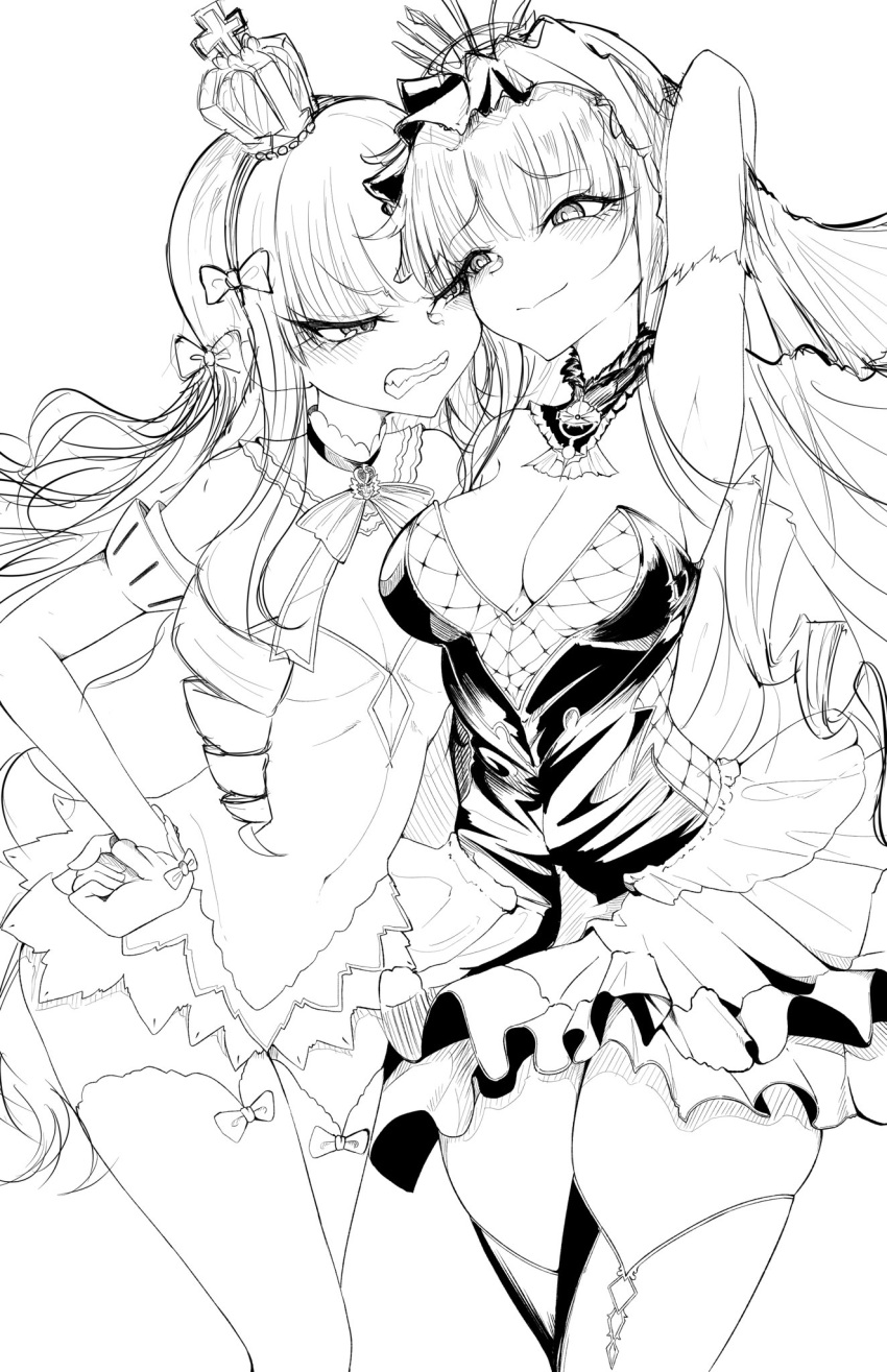 2girls annoyed arm_behind_head armpits azur_lane bare_shoulders breasts cleavage covered_navel crown detached_collar drill_hair elbow_gloves frilled_skirt frills gloves greyscale hair_ribbon hand_on_own_hip highres leotard long_hair looking_at_another medium_breasts mini_crown monochrome multiple_girls open_mouth queen_elizabeth_(azur_lane) queen_elizabeth_(meta)_(azur_lane) ribbon simple_background sketch skindentation skirt small_breasts smirk smug thighhighs twin_drills veil ville87804 white_background white_leotard