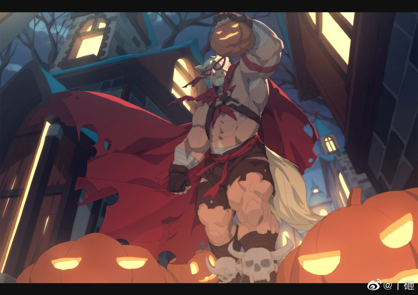 1boy abs animal_ears arm_up armpit_hair armpits bara bare_tree biceps bone_armor bulge cape carrying_over_shoulder cityscape eye_mask feet_out_of_frame floating_cape forearms from_below full_body halloween halloween_costume highres index_finger_raised jack-o'-lantern large_hands large_pectorals looking_ahead male_focus mature_male muscular muscular_male mutton_chops navel navel_hair nipples o-ring o-ring_top original pants pectorals perspective red_cape rollingstonex6 short_hair sideburns skull smoke solo stomach strongman_waist tail thick_arms thick_eyebrows thick_thighs thighs torn_clothes torn_pants tree wolf_boy wolf_ears wolf_tail