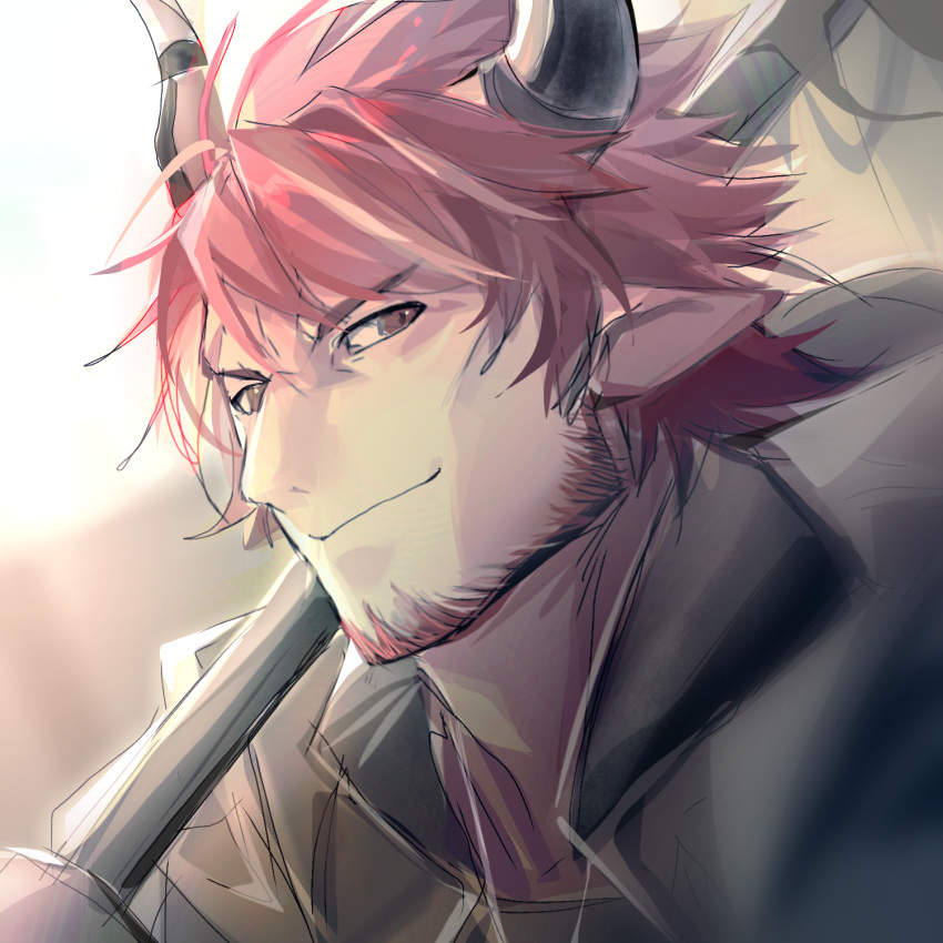 1boy animal_ears arknights bara beard collared_jacket cow_boy cow_ears cow_horns facial_hair from_side highres horns humus_(arknights) jewelry looking_to_the_side male_focus mature_male multicolored_hair muscular muscular_male necklace over_shoulder portrait red_hair shabi96522 short_hair sketch smile solo streaked_hair weapon weapon_over_shoulder