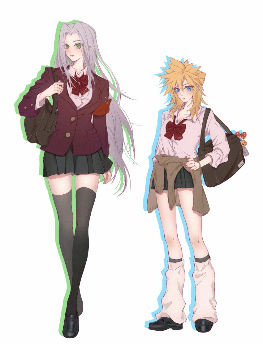 2girls armband bag bag_charm black_footwear black_skirt black_socks black_thighhighs blonde_hair blue_eyes bow bracelet brown_bag buttons carrying carrying_bag charm_(object) clothes_around_waist cloud_strife collared_shirt earrings final_fantasy final_fantasy_vii genderswap genderswap_(mtf) green_bracelet green_eyes grey_hair hand_on_own_hip highres jacket jacket_around_waist jewelry leg_warmers long_hair messenger_bag multiple_girls red_armband red_bow red_jacket safety_pin school_bag school_uniform sephiroth shirt shoes shoulder_bag simple_background skirt smile socks spiked_hair standing stud_earrings thighhighs triplemelon1 walking white_background white_shirt