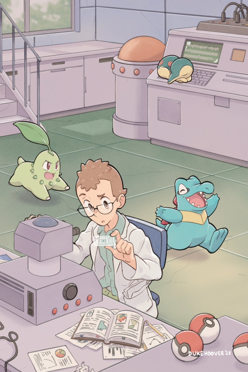 1boy absurdres book brown_eyes brown_hair chair chikorita coat collared_shirt commentary cyndaquil desk dukehooverart elm_(pokemon) glasses green_shirt highres holding indoors looking_down male_focus open_clothes open_coat paper parted_lips poke_ball poke_ball_(basic) pokemon pokemon_(creature) pokemon_(game) pokemon_hgss shirt short_hair signature sitting starter_pokemon_trio tile_floor tiles totodile white_coat window