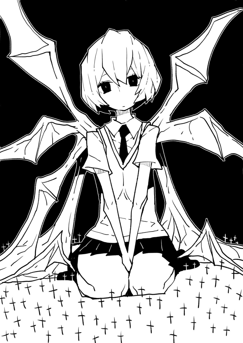 1girl ayanami_rei between_legs bright_pupils closed_mouth collared_shirt commentary_request cross demon_wings dowman_sayman end_of_evangelion expressionless giant giantess greyscale hand_between_legs highres looking_at_viewer monochrome multiple_wings necktie neon_genesis_evangelion no_shoes outline pleated_skirt school_uniform seiza shirt short_hair short_sleeves simple_background sitting skirt socks solo sweater_vest v_arms wings