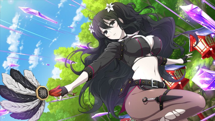 1girl black_choker black_eyes black_hair breasts choker cleavage crystal feather_fan flower fubuki_(senran_kagura) hair_between_eyes hair_flower hair_ornament highres kunai lantern large_breasts long_hair looking_at_viewer midriff navel official_alternate_costume official_art pantyhose senran_kagura senran_kagura_new_link solo weapon yaegashi_nan zipper