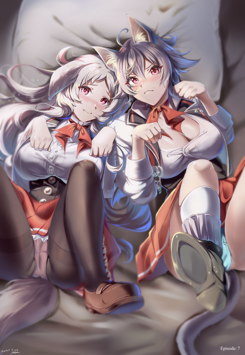 2girls absurdres ahoge animal_ears bed_sheet blush breasts cleavage closed_mouth dog_ears highres large_breasts long_hair looking_at_viewer lying multiple_girls mushoku_tensei neck_ribbon on_back paw_pose pillow pursena_adoldia red_eyes red_ribbon ribbon rinia_dedoldia shirt short_hair upper_body white_hair white_shirt yujin_(kanouyuuto-0423)