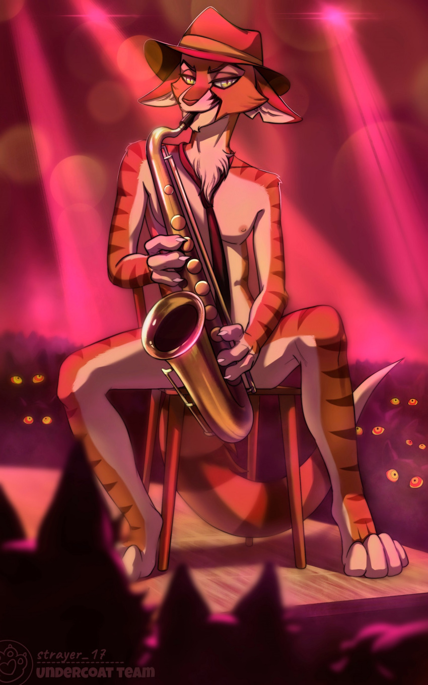 anthro background_eyes brown_body brown_inner_ear chair clothing convenient_censorship fedora felid feline furniture hat headgear headwear hi_res hypnosis looking_at_viewer male mammal markings mind_control musical_instrument musician nude on_chair orange_body pink_light saxophone sitting sitting_on_chair solo stage stage_lights strayer_17 striped_markings striped_tail stripes tail tail_markings tie_only wind_instrument woodwind_instrument yellow_eyes