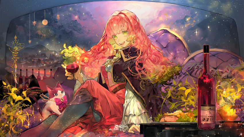 1girl black_cloak blunt_bangs bottle bow brooch cat cloak colored_tips couch cup dress drinking_glass earrings flprayer food frilled_sleeves frills fruit grapes green_eyes green_hair grey_pantyhose hat highres holding holding_cup indie_virtual_youtuber jewelry lemon lina_yuria_(vtuber) long_hair meat multicolored_hair on_couch pantyhose pink_bow pink_hair plant red_dress sidelocks sitting table wavy_hair wine_bottle wine_glass witch_hat