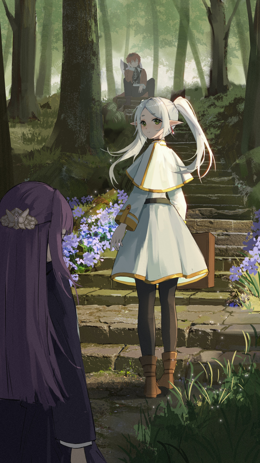 1boy 2girls absurdres axe black_pantyhose boots brown_footwear capelet closed_eyes drop_earrings earrings elf fern_(sousou_no_frieren) flower frieren gold_trim grass hair_ornament hand_on_own_cheek hand_on_own_face highres jewelry long_sleeves multiple_girls pantyhose pointy_ears purple_flower purple_hair red_hair siyu_csy smile sousou_no_frieren stairs standing stark_(sousou_no_frieren) tree twintails white_capelet white_hair