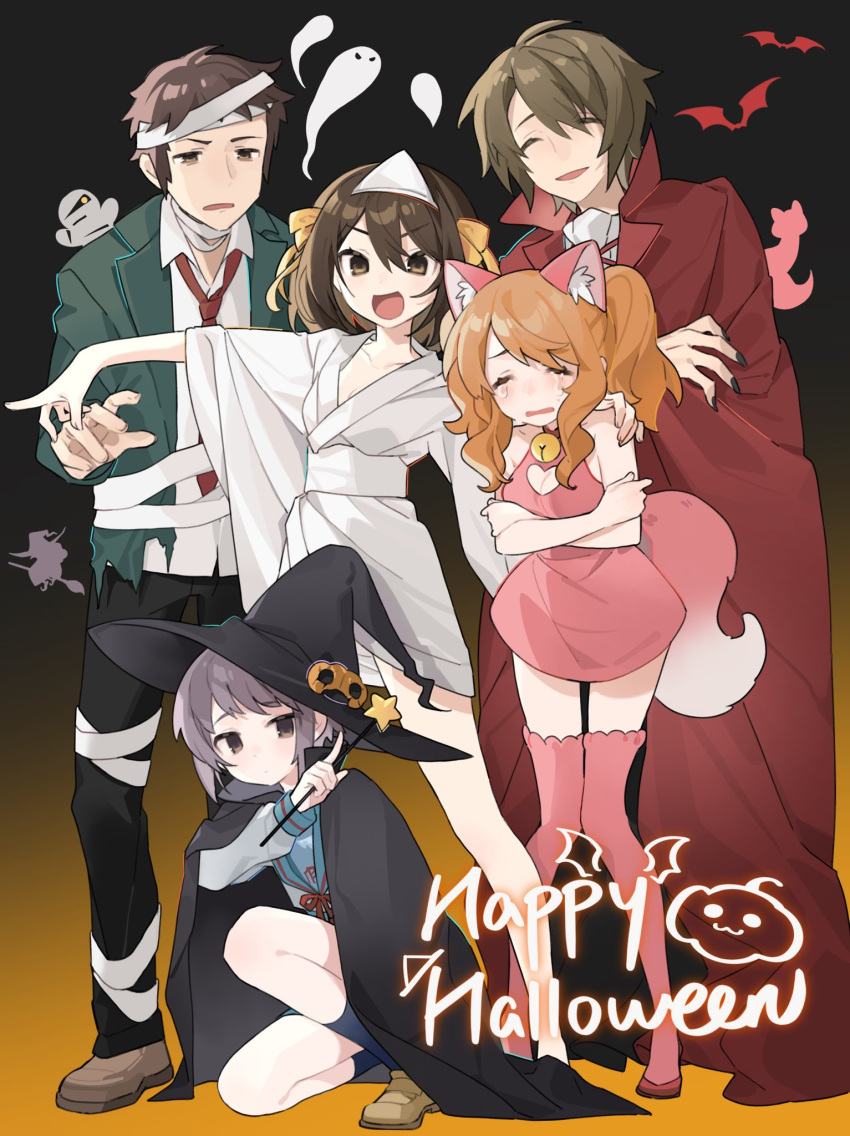 2boys 3girls asahina_mikuru bandaged_head bandaged_leg bandages bell black_pants blue_sailor_collar brown_footwear brown_hair closed_eyes coat collarbone collared_shirt commentary_request crossed_arms crying dress english_text ghost green_jacket hair_ribbon halloween happy_halloween hat highres hitodama holding holding_wand jacket japanese_clothes kimono kita_high_school_uniform koizumi_itsuki kyon loafers long_hair long_sleeves maymeriko medium_hair multiple_boys multiple_girls nagato_yuki neck_bell necktie orange_hair pants pumpkin_hat_ornament purple_hair red_coat red_dress red_necktie ribbon sailor_collar school_uniform serafuku shirt shoes short_hair squatting standing suzumiya_haruhi suzumiya_haruhi_no_yuuutsu torn_clothes torn_jacket twintails wand white_kimono white_shirt wide_sleeves winter_uniform witch_hat yellow_ribbon