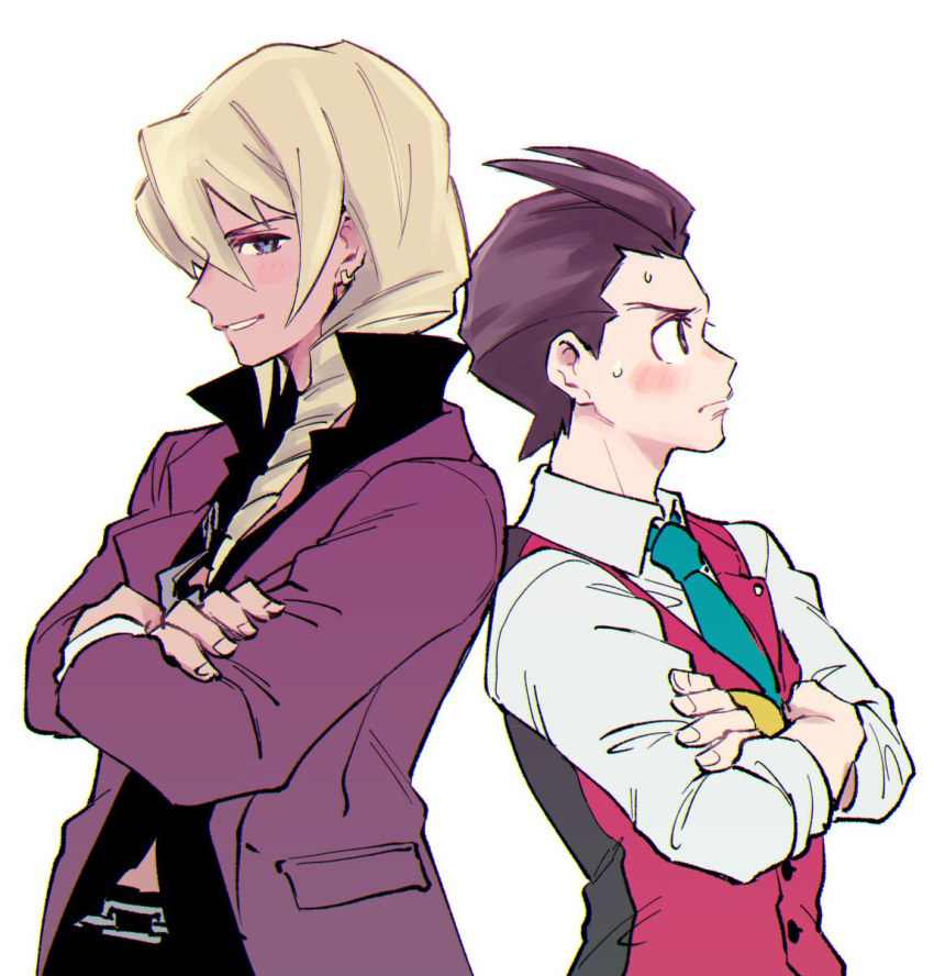 2boys ace_attorney antenna_hair apollo_justice aqua_necktie back-to-back black_shirt blonde_hair blue_eyes blush bracelet brown_hair buttons chain_belt chain_necklace closed_mouth collared_shirt crossed_arms dark-skinned_male dark_skin drill_hair earrings fingernails from_side grin highres jacket jewelry klavier_gavin lapel_pin lapels long_sleeves looking_ahead looking_at_viewer male_focus medium_hair midriff_peek multiple_boys necklace necktie open_clothes open_collar open_jacket otea_chan pocket purple_jacket red_vest shirt short_hair simple_background smile sweat upper_body vest white_background white_shirt