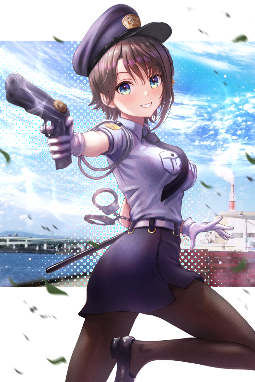 1girl absurdres aiming_at_viewer alternate_costume aqua_eyes black_footwear black_necktie black_pantyhose blue_eyes blue_headwear blue_shirt blue_skirt blush breasts brown_hair collared_shirt cuffs gloves grin gun handcuffs handgun hat highres hololive impossible_clothes impossible_shirt knee_up loafers looking_at_viewer medium_breasts necktie oozora_subaru pantyhose pencil_skirt police police_hat police_uniform policewoman shirt shoes short_hair short_sleeves skirt smile solo uniform virtual_youtuber wajuniorbox weapon white_gloves