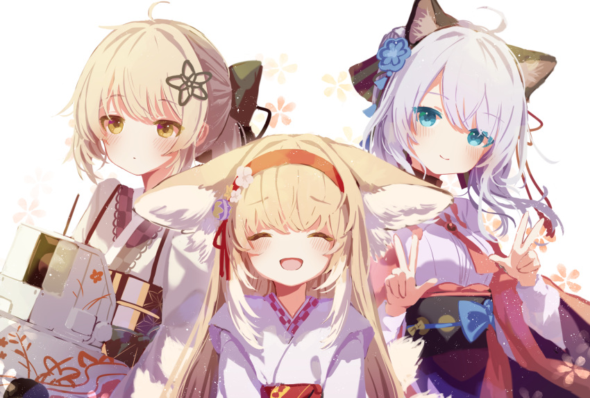 3girls ahoge animal_ear_fluff animal_ears arknights blonde_hair blue_eyes blush cat_ears cat_girl closed_eyes closed_mouth cy_fros flower fox_ears fox_girl hair_flower hair_ornament hairband highres japanese_clothes kimono lens_(arknights) long_hair medium_hair mint_(arknights) mint_(tsukiyoi)_(arknights) multiple_girls obi official_alternate_costume open_mouth parted_lips ponytail red_hairband sash scene_(arknights) scene_(betsushi)_(arknights) sidelocks suzuran_(arknights) suzuran_(yukibare)_(arknights) upper_body v white_background white_hair yellow_eyes