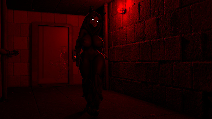 3_toes 5_fingers alarm anthro big_breasts black_body black_breasts black_ears black_fur black_hair black_nipples blood blood_splatter blurred_background bodily_fluids bone breasts casual_exposure casual_nudity concrete dark_room darwinthejockey detailed_background door feet female fingers fur glowing glowing_eyes hair hallway hi_res industrial inside looking_at_viewer malo nipples nude pipe red_light red_lighting scp-1471 scp-1471-a scp_foundation skull skull_head smug solo thick_thighs toes walking walking_towards_viewer white_eyes wide_hips