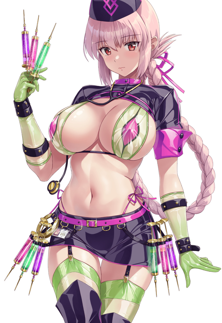1girl belt between_fingers bikini bikini_under_clothes black_footwear black_headwear black_skirt boots braid breasts cleavage closed_mouth cowboy_shot elbow_gloves fate/grand_order fate_(series) florence_nightingale_(fate) florence_nightingale_(trick_or_treatment)_(fate) garter_straps gloves green_bikini green_gloves green_thighhighs hammerman_benkei hat highres holding holding_syringe id_card large_breasts layered_bikini long_hair looking_at_viewer miniskirt navel official_alternate_costume pink_bikini pink_hair pink_ribbon red_eyes ribbon short_sleeves shrug_(clothing) side-tie_bikini_bottom simple_background single_braid skirt solo stomach swimsuit syringe thigh_boots thigh_gap thighhighs thighhighs_under_boots very_long_hair white_background zettai_ryouiki