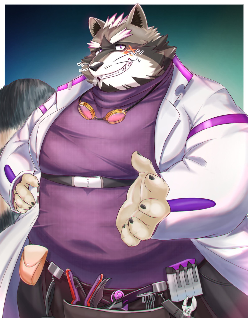 anthro belly belt brown_body brown_fur clothing coat daiwahouse0105 eyebrows eyewear fur goggles grin hi_res lab_coat lifewonders live_a_hero male mammal moobs navel overweight procyonid purple_clothing raccoon scientist smile solo thick_eyebrows tool_belt topwear viscunam