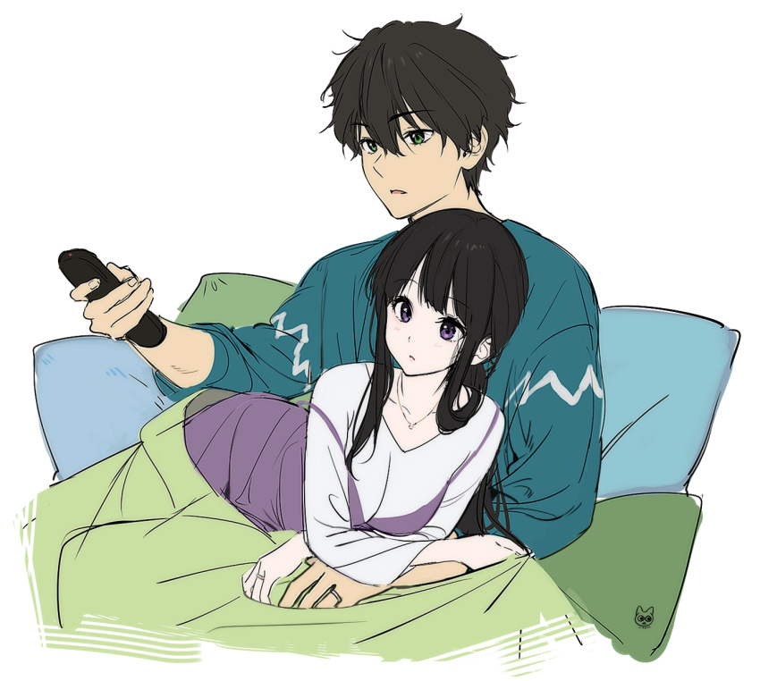 1girl alternate_costume artist_logo black_hair breasts chitanda_eru closed_mouth collarbone controller highres holding holding_remote_control hyouka jewelry large_breasts long_hair long_sleeves lying mery_(yangmalgage) necklace on_lap open_mouth oreki_houtarou pillow purple_eyes remote_control ring school_uniform short_hair sitting white_background