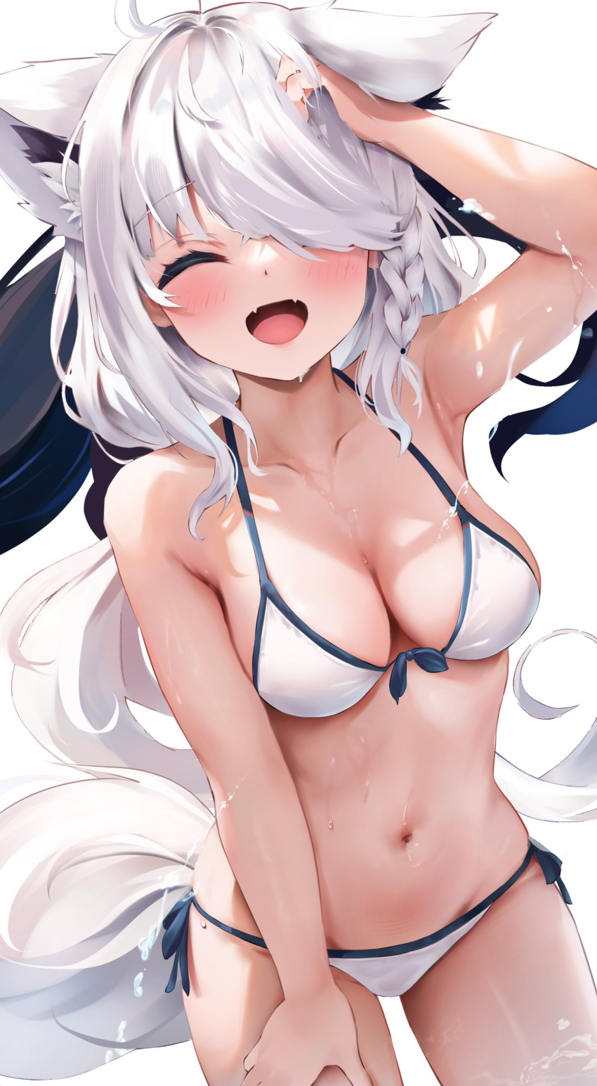 1girl absurdres alternate_costume animal_ears arm_up armpits bare_shoulders bikini blush braid breasts cleavage closed_eyes collarbone commentary_request cowboy_shot facing_viewer fangs fox_ears fox_tail hair_over_one_eye hand_in_own_hair hand_on_own_thigh highres hololive long_hair medium_breasts navel one_eye_covered open_mouth shirakami_fubuki side_braid simple_background single_braid skin_fangs smile solo stomach swimsuit tail uechin_ewokaku virtual_youtuber wet white_background white_bikini white_hair