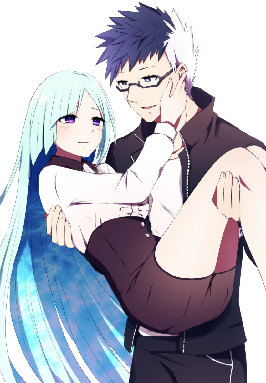 1boy 1girl aqua_hair black_jacket blue_eyes blue_hair brynhildr_(fate) carrying fate/grand_order fate_(series) glasses high-waist_skirt highres hug jacket long_hair multicolored_hair princess_carry purple_eyes shirt sigurd_(fate) skirt smile spiked_hair two-tone_hair white_background white_shirt you_(noanoamoemoe)