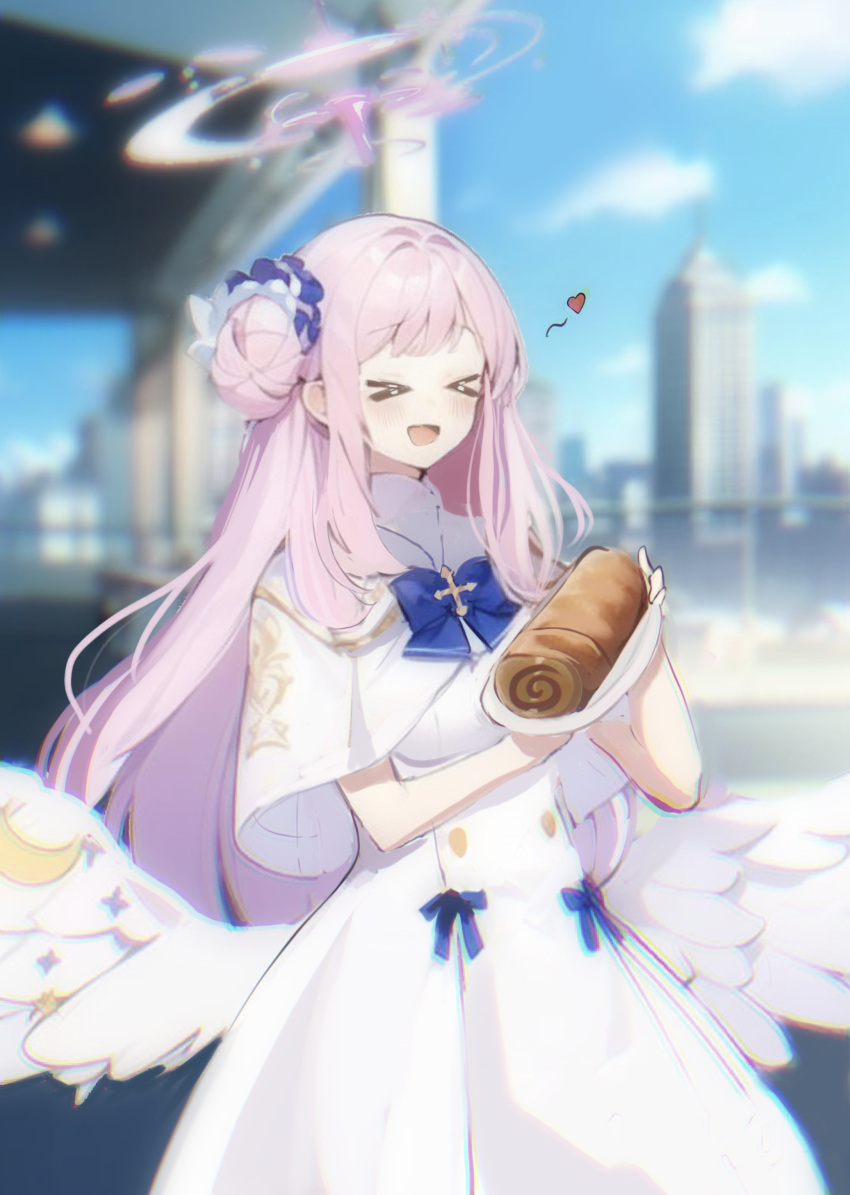 &gt;_&lt; 1girl absurdres blue_archive blue_bow blue_bowtie blue_sky blush bow bowtie building cake closed_eyes crescent_moon dress food halo heart highres jumpr_is_taken large_wings long_hair mika_(blue_archive) moon pink_halo reddit second-party_source sky smile solo swiss_roll white_dress white_wings wings