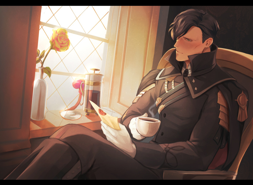 1boy black_jacket black_pants cape chair cheekbones closed_mouth coffee_cup crossed_legs cup disposable_cup fire_emblem fire_emblem:_three_houses flower gloves gravesecrets grey_eyes highres holding holding_cup holding_letter hubert_von_vestra indoors jacket letter male_focus mature_male pants reading rose short_hair solo steam white_gloves window yellow_flower yellow_rose