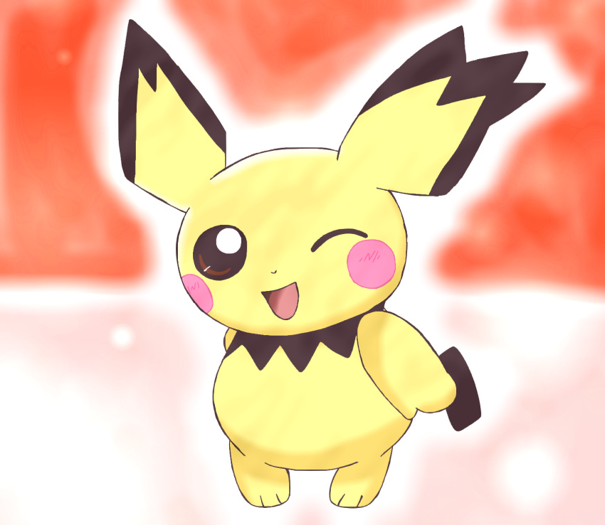 altaro487 ambiguous_gender black_body black_fur female_(lore) feral fur generation_2_pokemon hi_res mammal nintendo one_eye_closed pichu pink_background pokemon pokemon_(species) rodent simple_background solo spiky-eared_pichu wink yellow_body yellow_fur