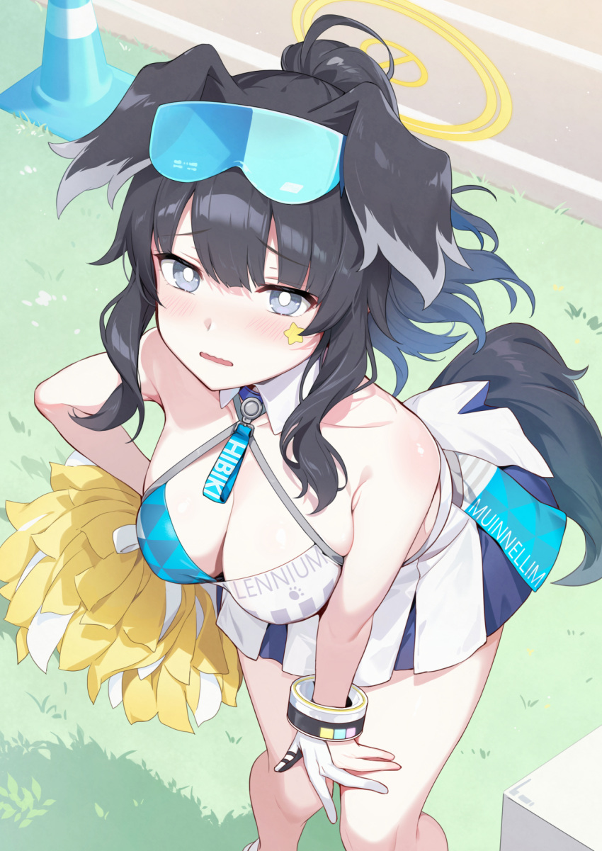 1girl animal_ears azuki_yui bare_shoulders black_hair blue-tinted_eyewear blue_archive bracelet breasts bright_pupils character_name cleavage collarbone dog_ears dog_girl dog_tail duplicate eyewear_on_head facial_mark gloves grey_eyes halo halterneck hibiki_(blue_archive) hibiki_(cheer_squad)_(blue_archive) highres jewelry medium_breasts millennium_cheerleader_outfit_(blue_archive) official_alternate_costume parted_lips partially_fingerless_gloves pom_pom_(cheerleading) ponytail running_track safety_glasses skirt star_(symbol) star_facial_mark tail tinted_eyewear white_pupils white_skirt