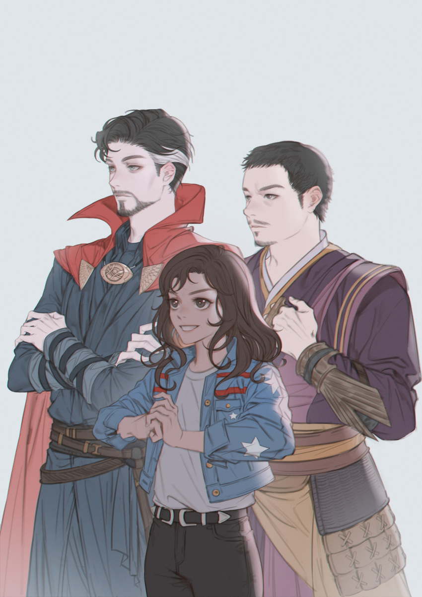 1girl 2boys america_chavez belt black_belt black_hair black_pants blue_eyes blue_jacket blue_pants blue_shirt brown_belt brown_eyes brown_hair buttons clenched_hand cloak closed_mouth crossed_arms dark-skinned_female dark_skin doctor_strange doctor_strange_in_the_multiverse_of_madness facial_hair fingernails grey_eyes grey_shirt hands_up highres jacket jewelry lips long_hair long_sleeves looking_to_the_side marvel marvel_cinematic_universe multicolored_hair multiple_boys necklace open_clothes open_jacket pants poboong123 purple_shirt red_cloak shirt short_hair simple_background smile standing star_(symbol) star_print t-shirt teeth two-tone_hair v-shaped_eyebrows white_background white_hair wong_(marvel)