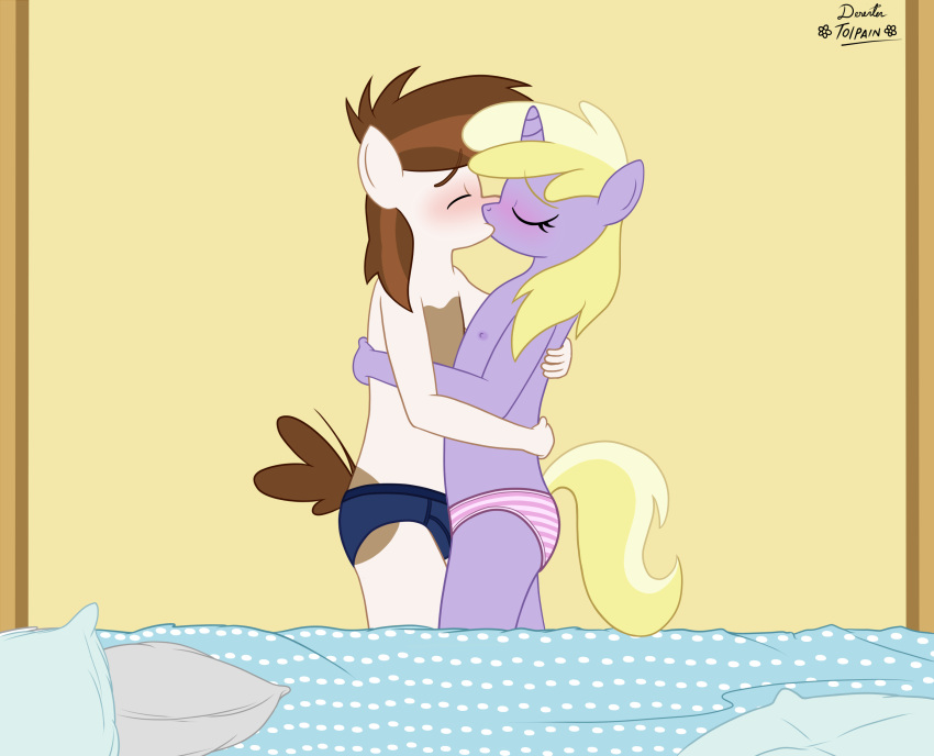 anthro barechest bed clothing deserter_(artist) dinky_hooves_(mlp) duo equid equine female friendship_is_magic furniture hasbro hi_res horn horse kiss_on_lips kissing male male/female mammal my_little_pony pipsqueak_(mlp) pony tolpain underwear unicorn young young_on_young